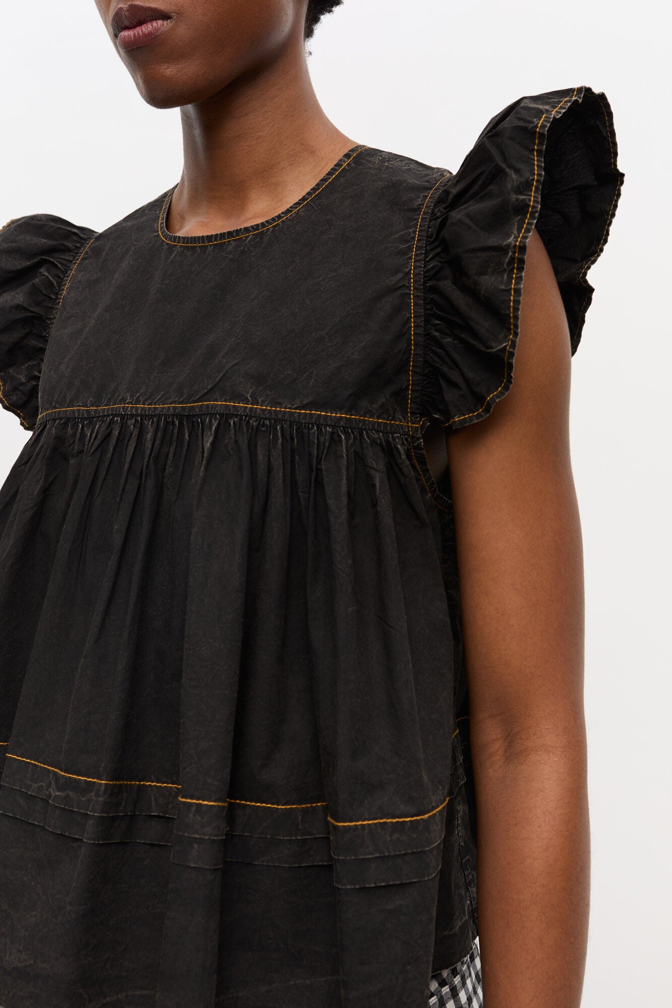 Garment Dyed Cotton Frill Sleeve Top, washed black