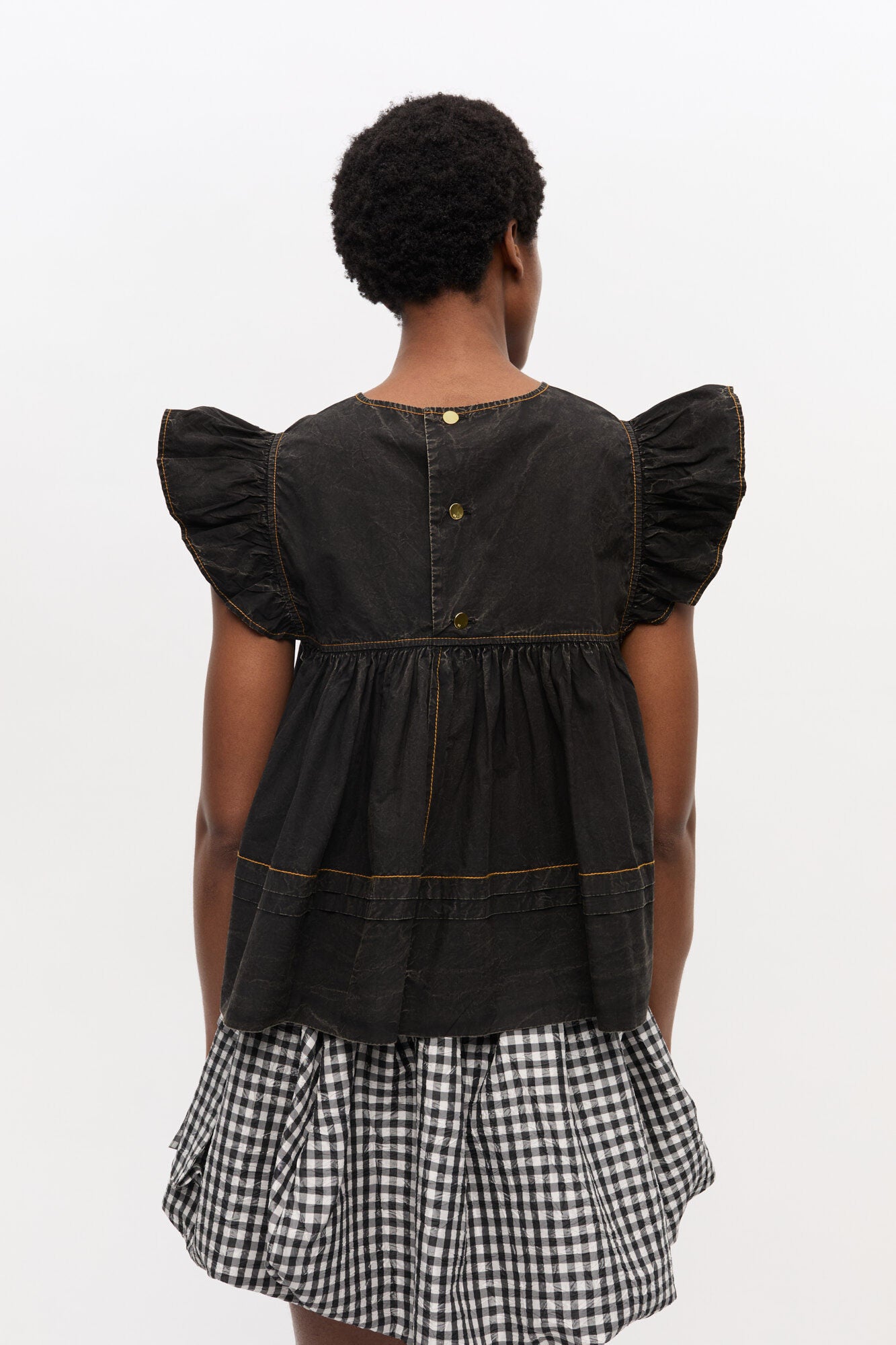 Garment Dyed Cotton Frill Sleeve Top, washed black