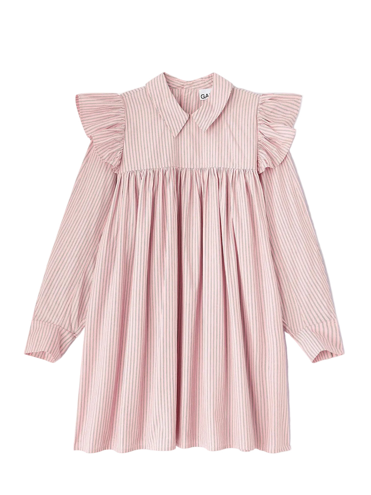 Pink striped dress with ruffled sleeves on a white background