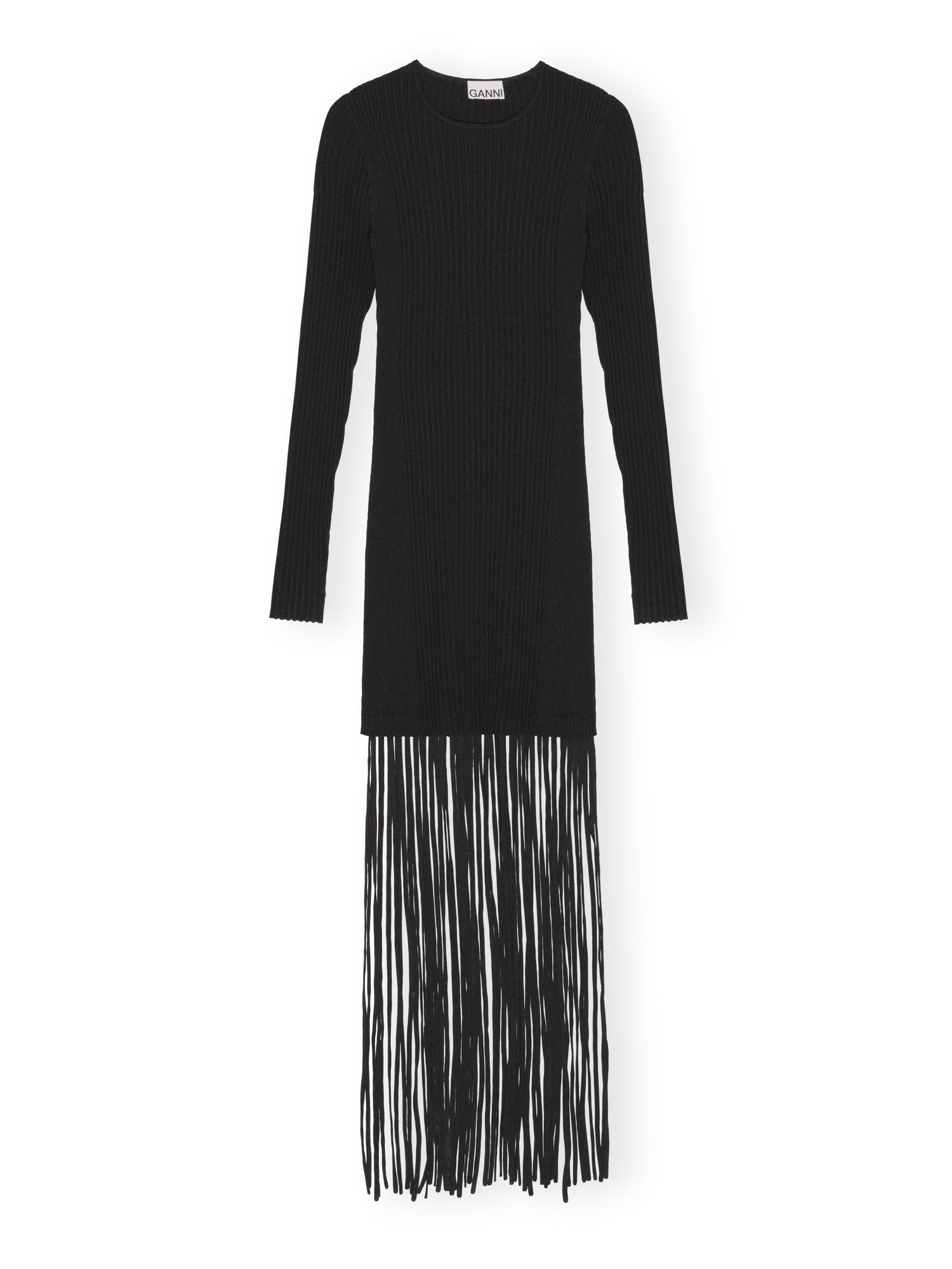 Melange Knit Fringe Mini Dress, black