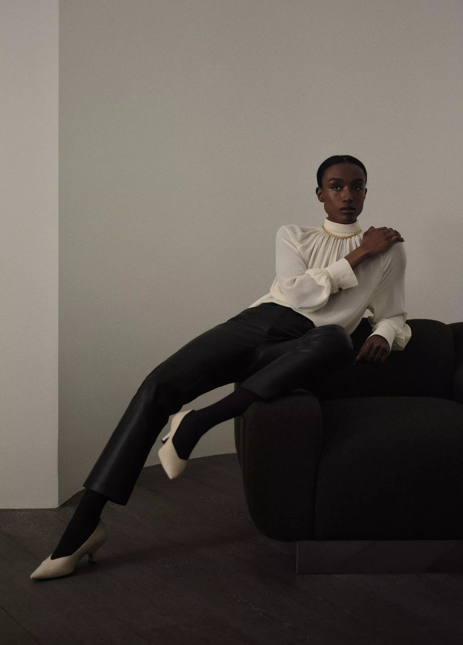 Gathered draped neck blouse, cream