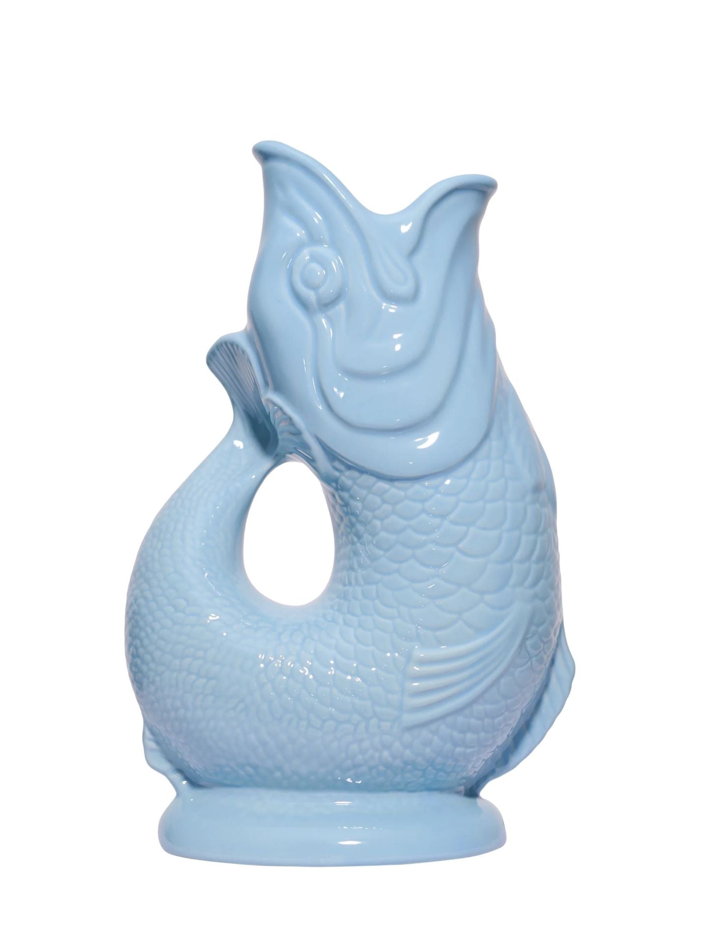 Light blue ceramic fish-shaped vase on a white background