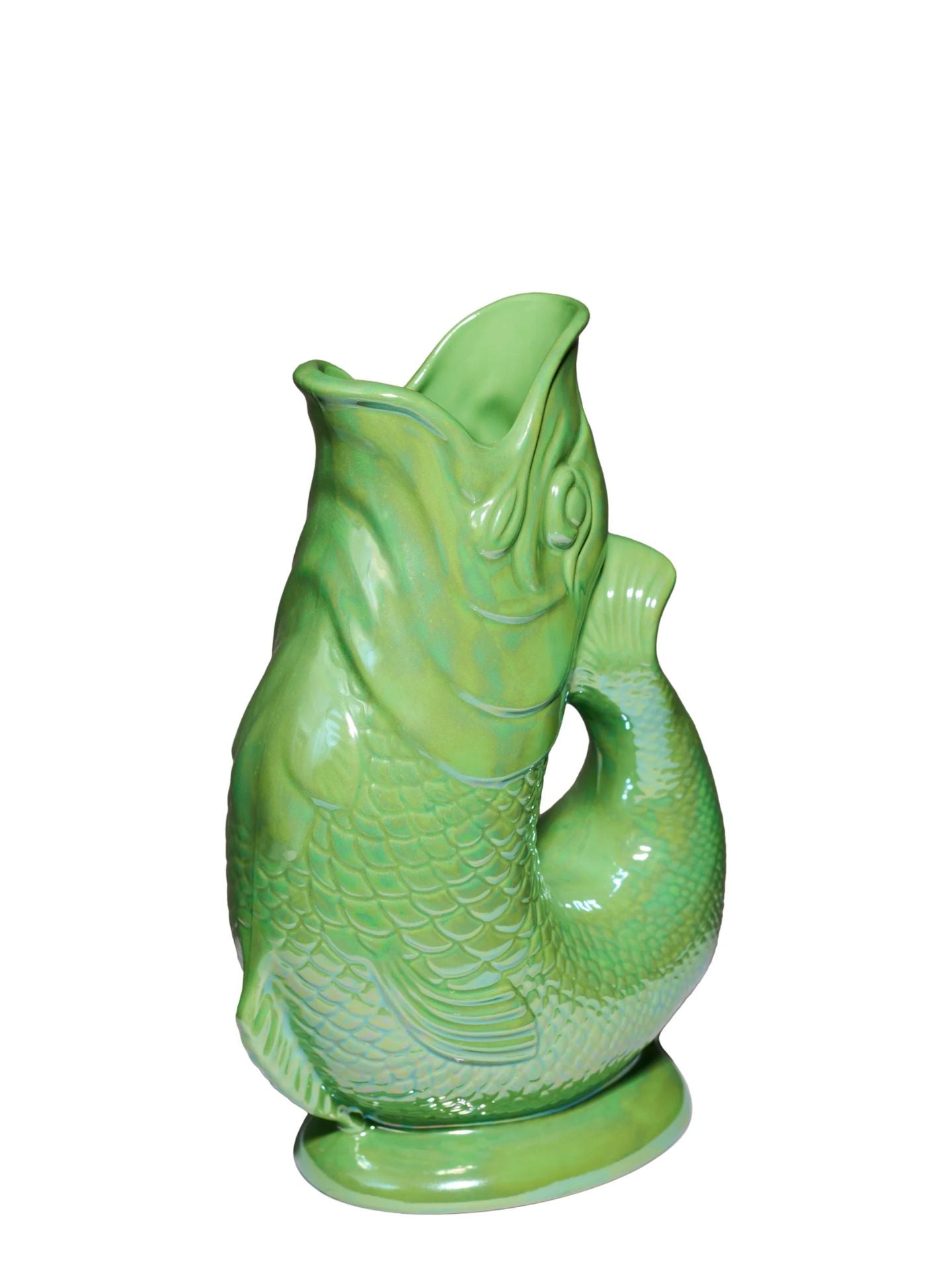 Green ceramic fish-shaped vase on a white background