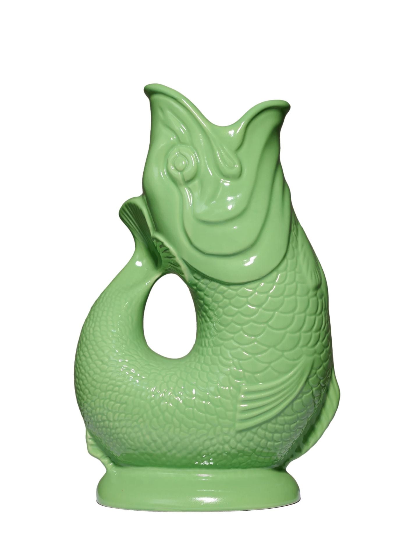 Green ceramic fish-shaped vase on a white background