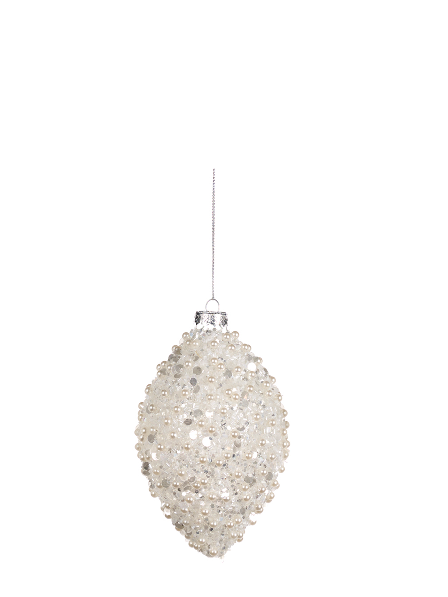 White Pearl Covered Glass Ornament, Droplet