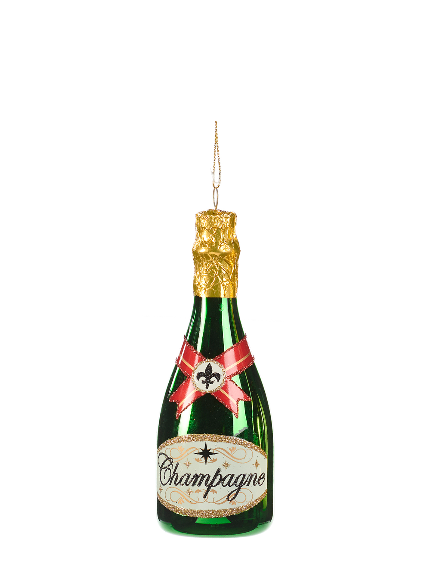 Champagne Bottle Glass Ornament, Green