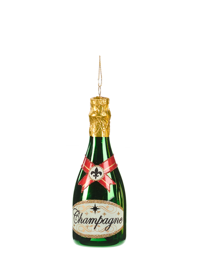 Champagne Bottle Glass Ornament, Green