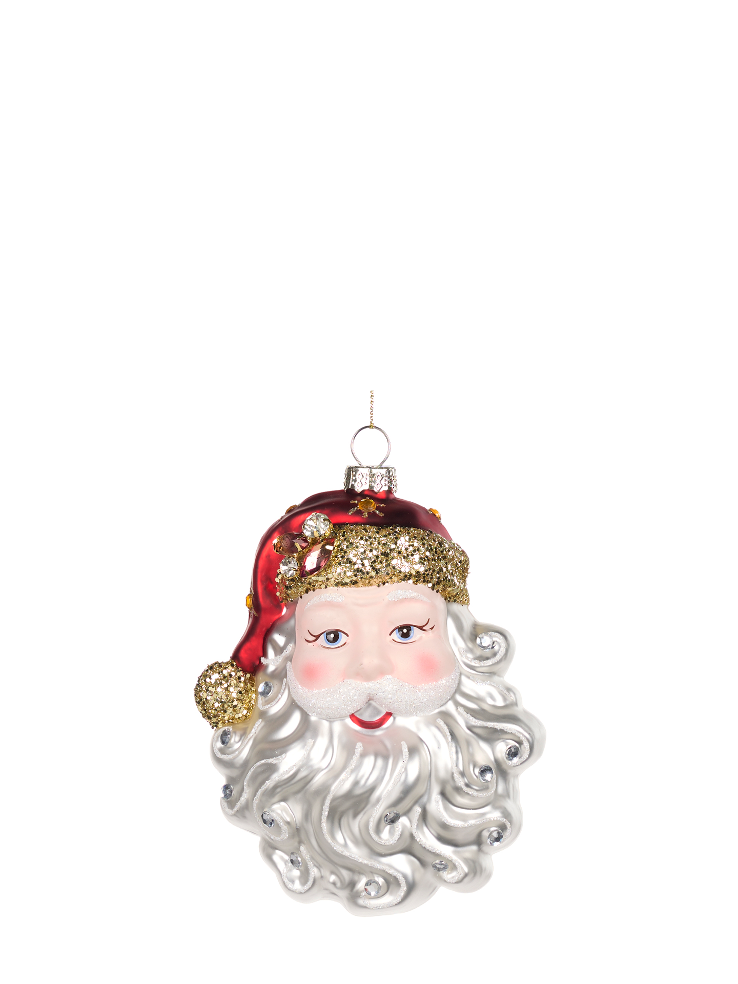 Jewel Santa Head Glass Ornament, Red/White/Gold