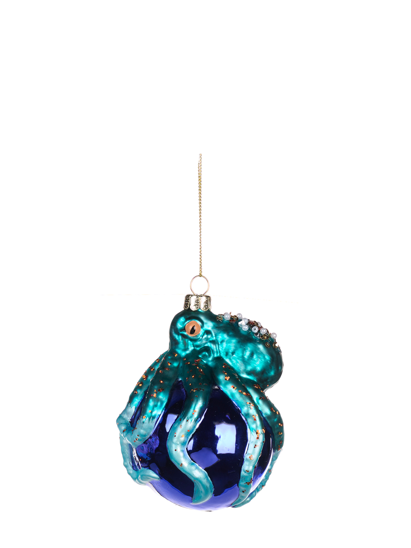 Octopus on Ball Glass Ornament, Blue