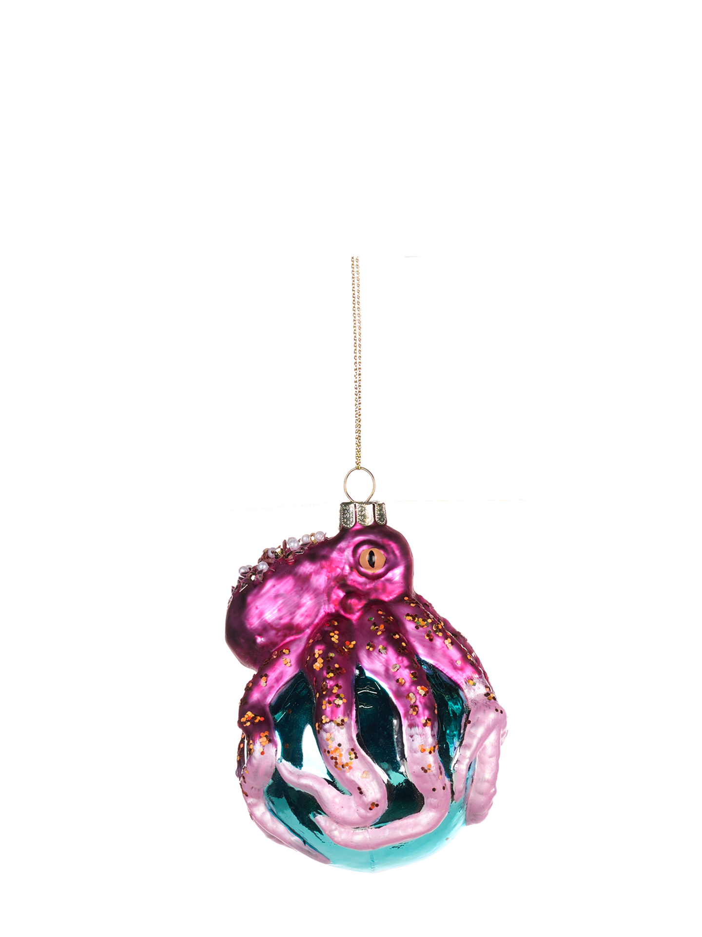 Octopus on Ball Glass Ornament, Pink