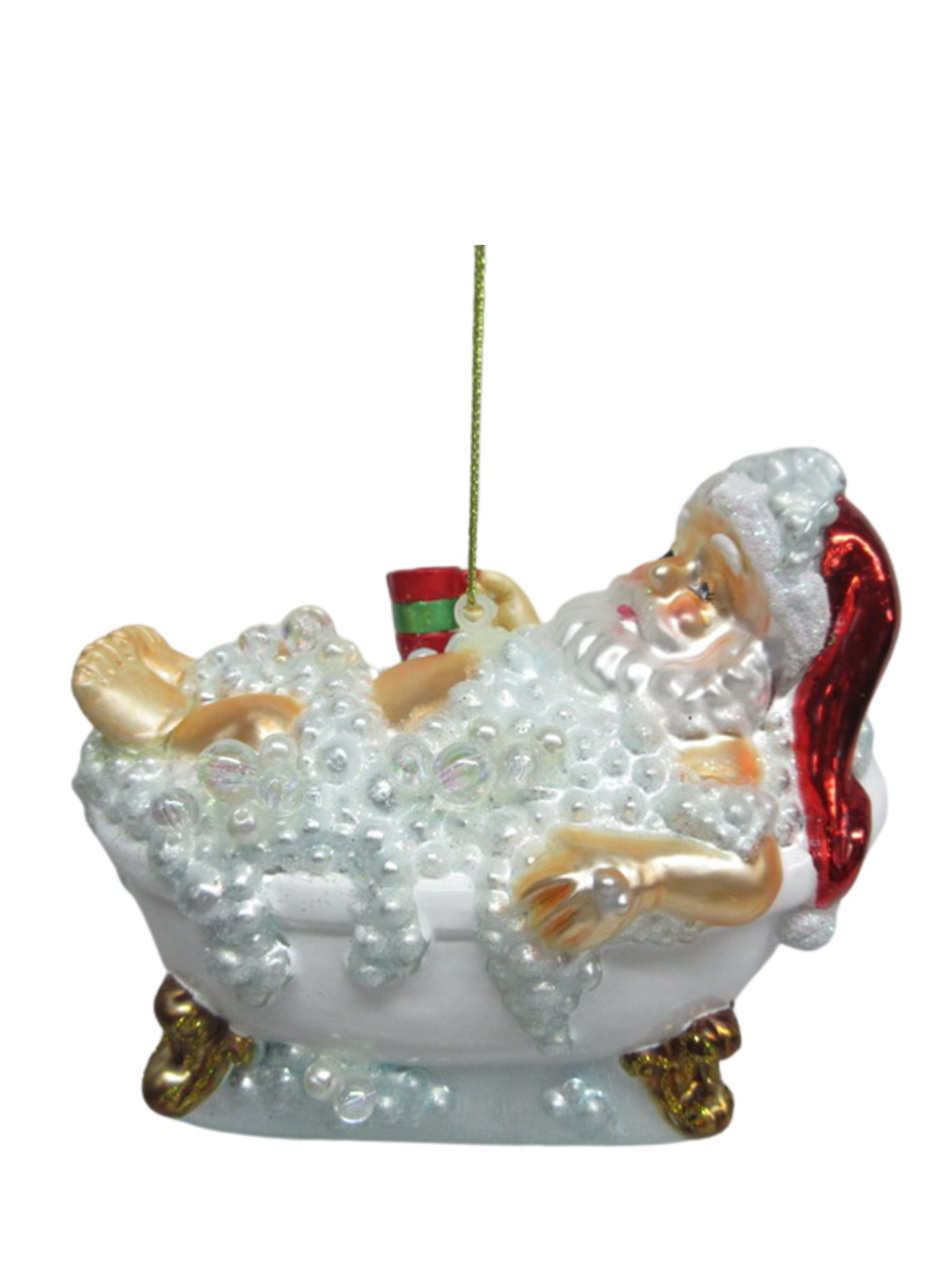 Santa in Bathtub Glass Ornament, White/Red (12cm)