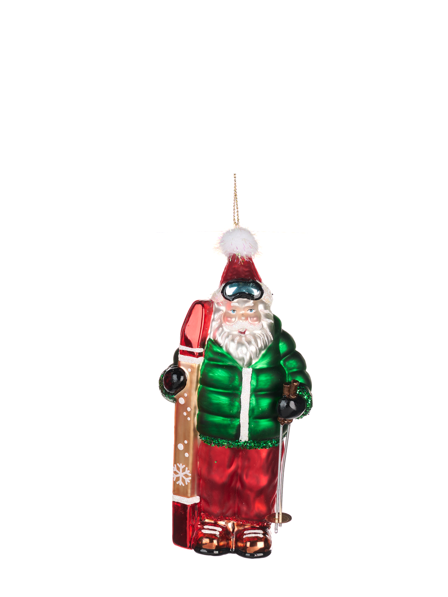 Santa with Skis Glass Ornament, Green