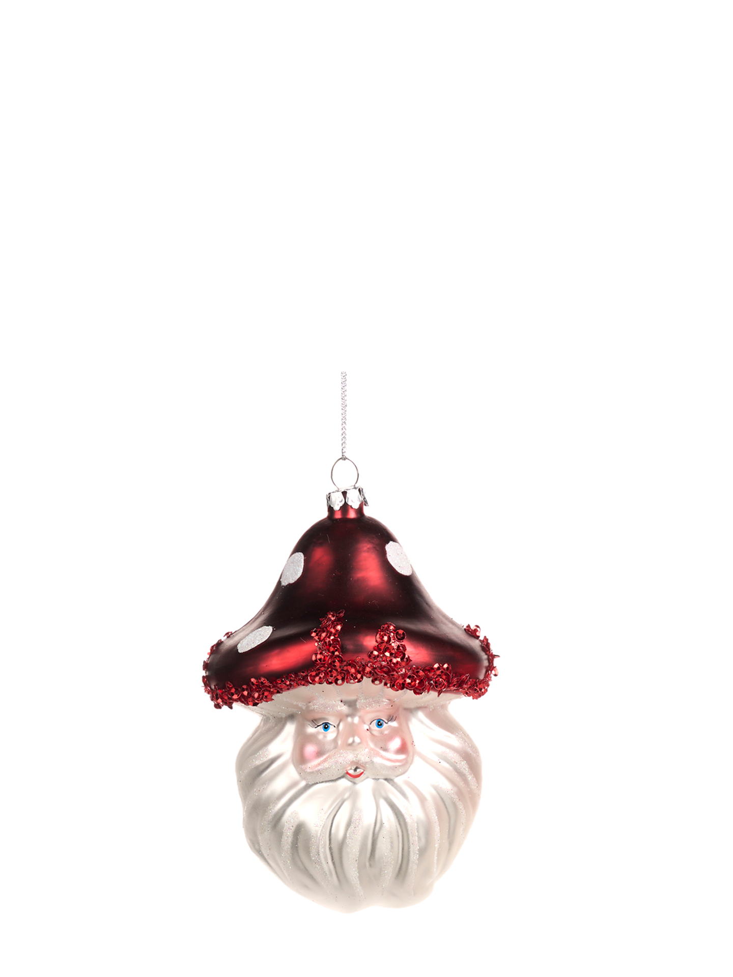 Plump mushroom hat santa glass ornament, red