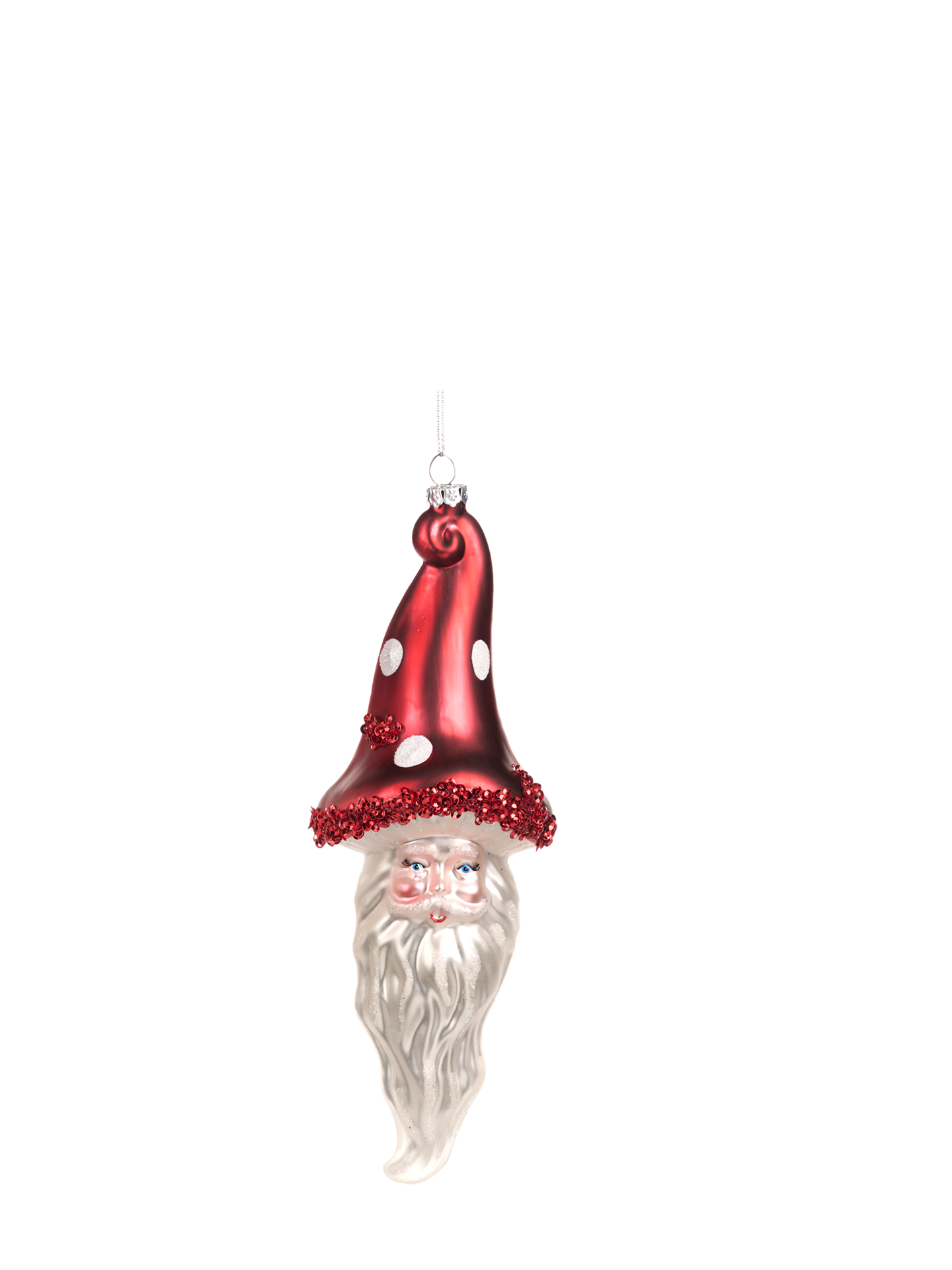 Pointy mushroom hat santa glass ornament, red