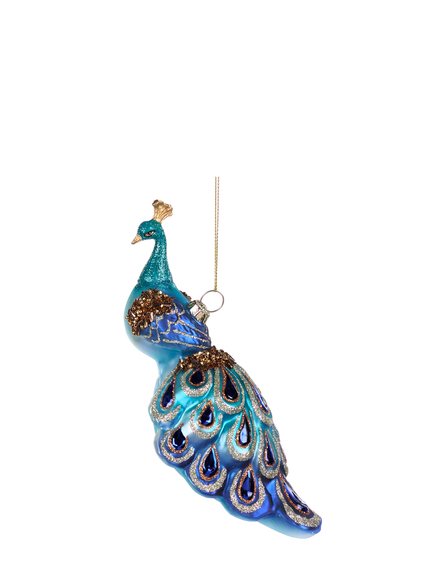 Sequin Peacock Glass Ornament, Blue/Gold/Copper