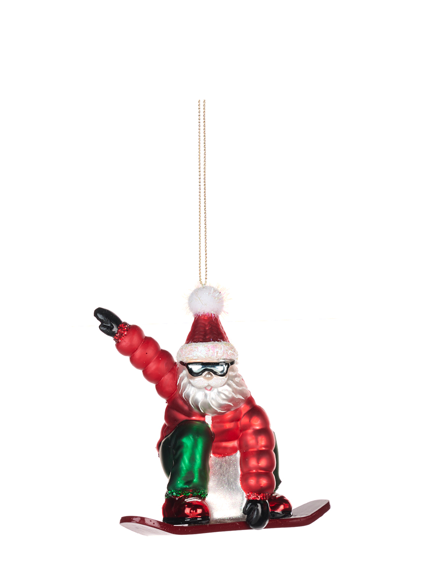 Snowboard Santa Glass Ornament, Red