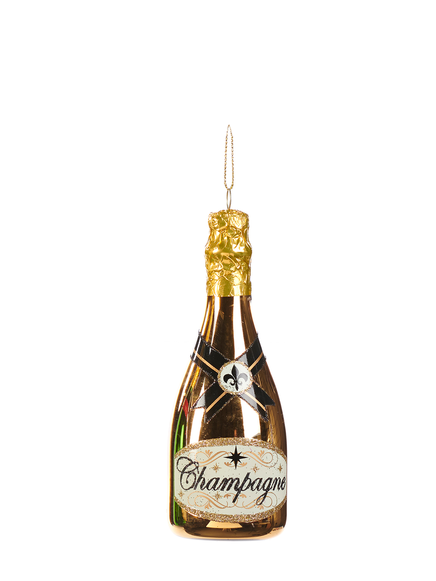 Champagne Bottle Glass Ornament, Gold