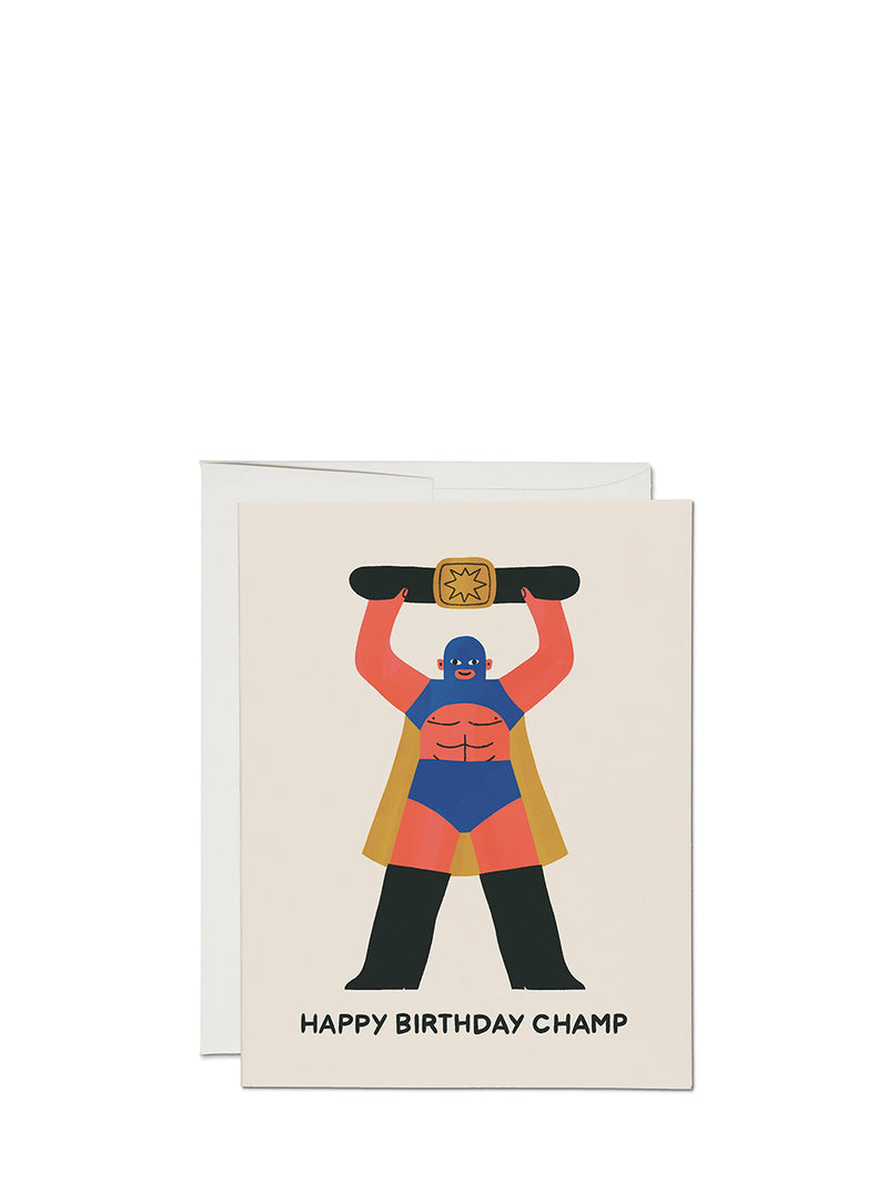 Birthday card with superhero illustration and 'Happy Birthday Champ' text on a white background