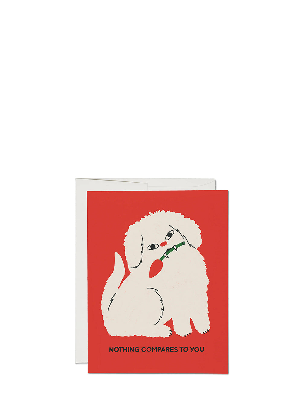 Greeting card with a white dog illustration and text on a red background
