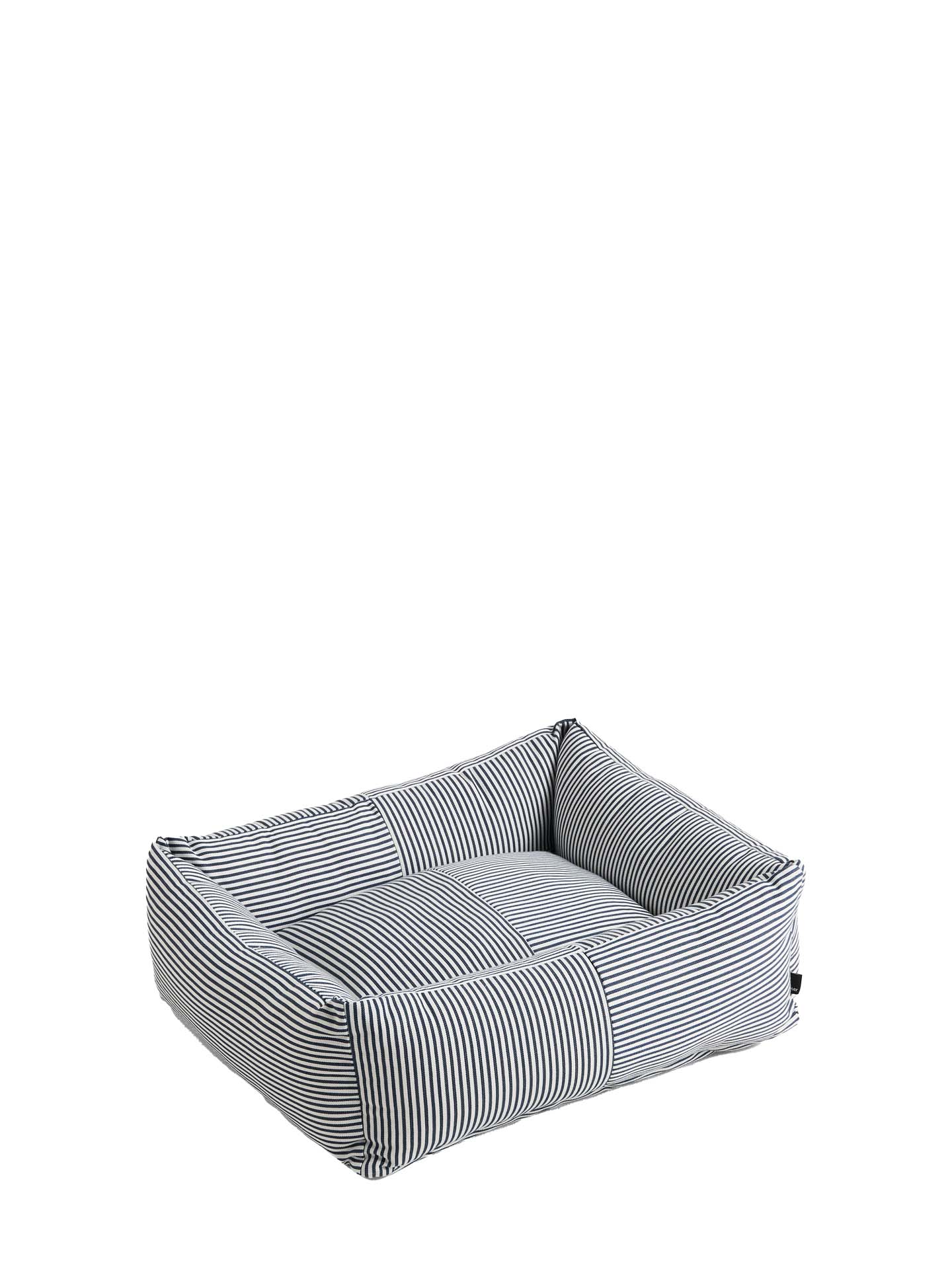 A rectangular dog bed with a dark blue and white striped fabric, shown on a plain white background.