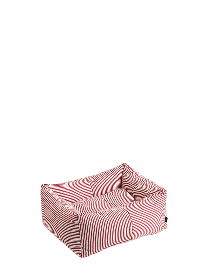 A rectangular dog bed with a pink and white striped fabric, shown on a plain white background.