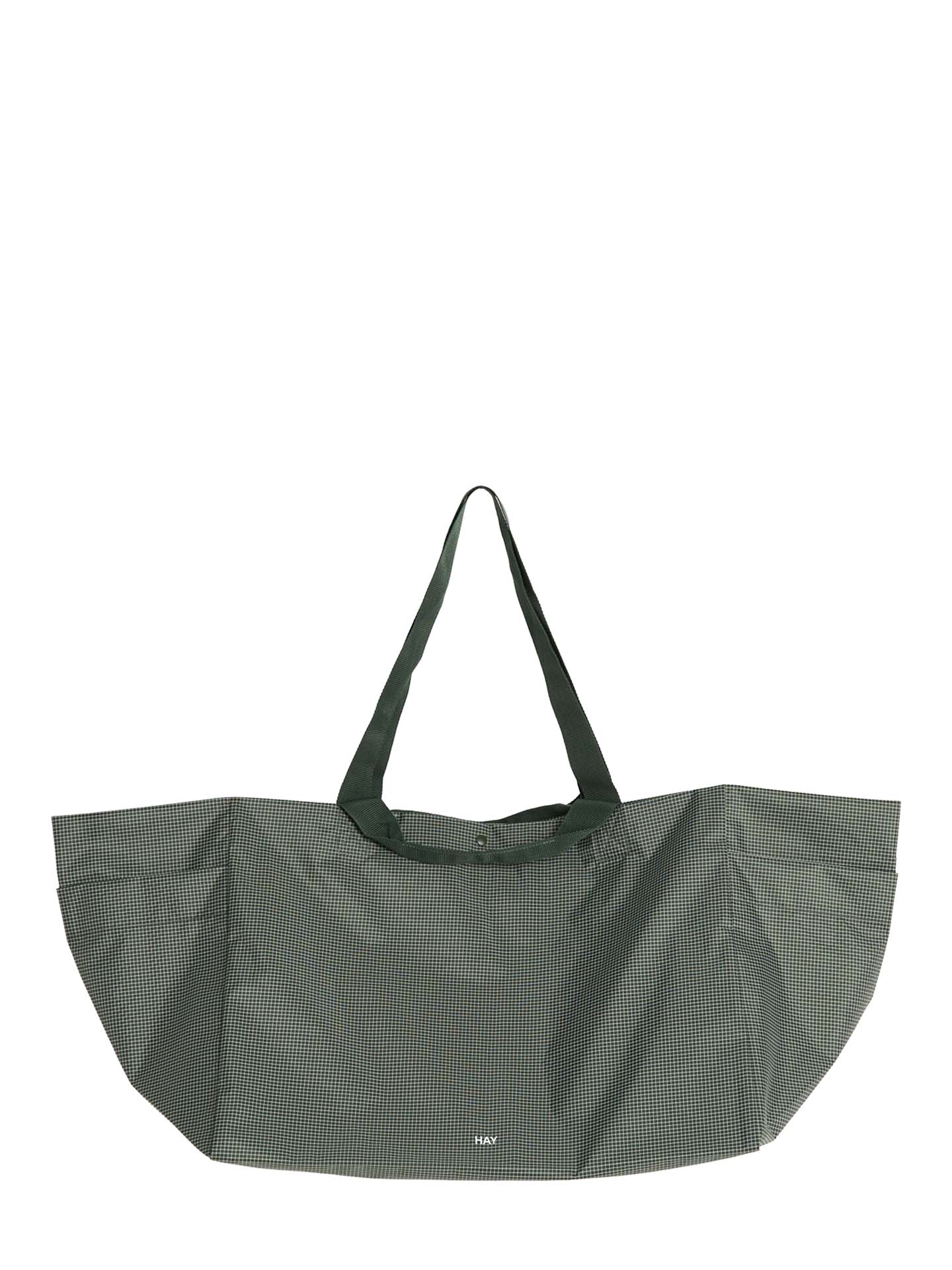 A dark olive green reusable tote bag with a subtle grid pattern and matching shoulder straps, shown against a plain white background.