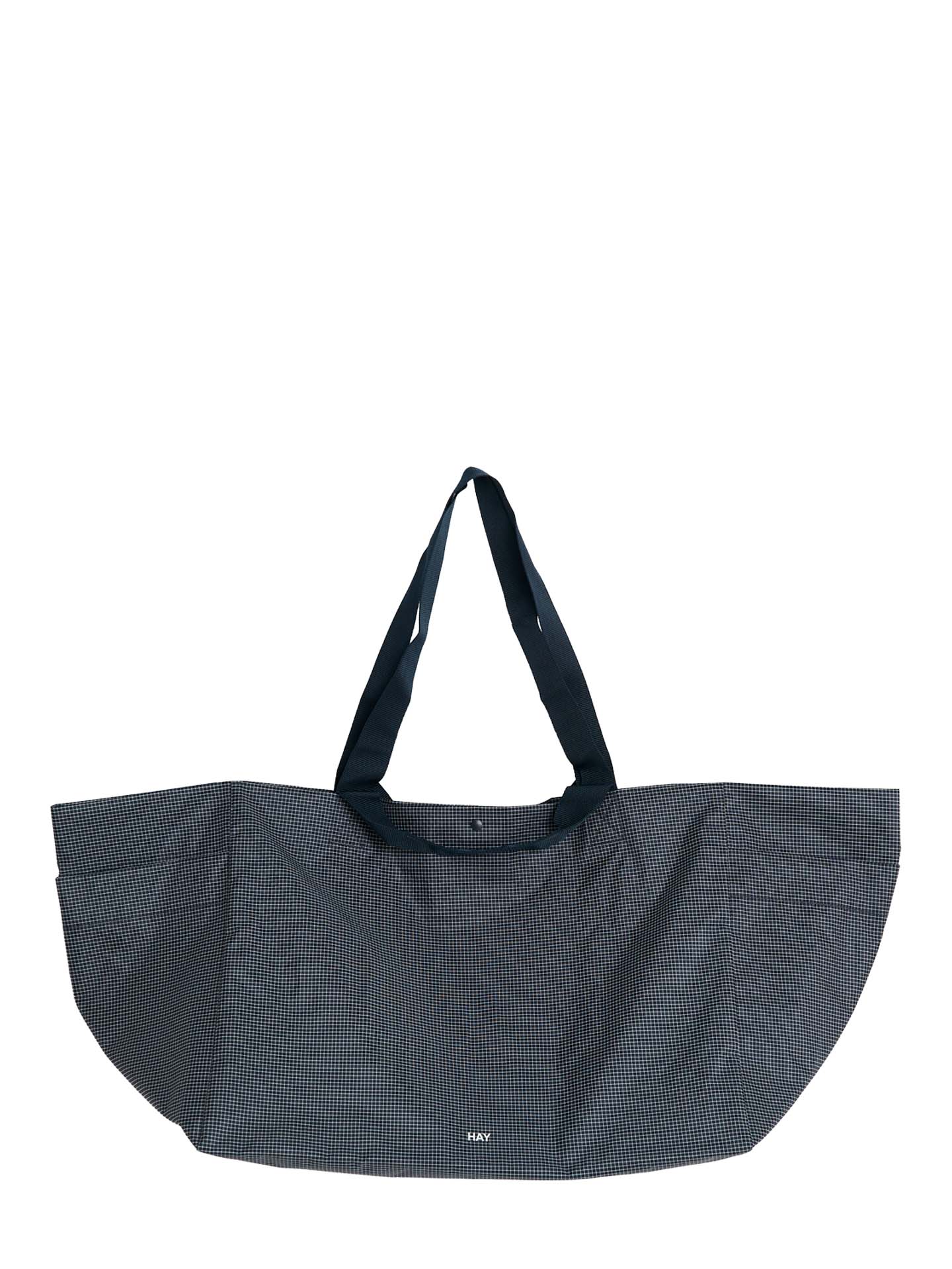 A dark gray and black checkered reusable tote bag with two black shoulder straps, shown against a plain white background.