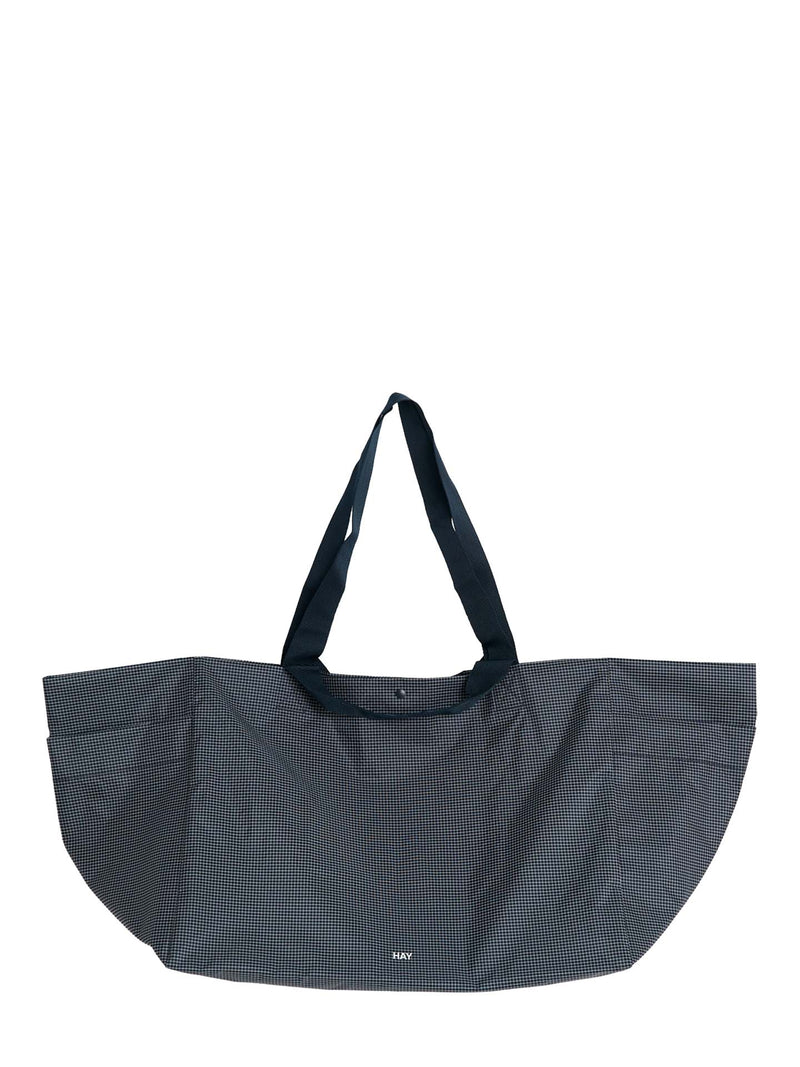 A dark gray and black checkered reusable tote bag with two black shoulder straps, shown against a plain white background.
