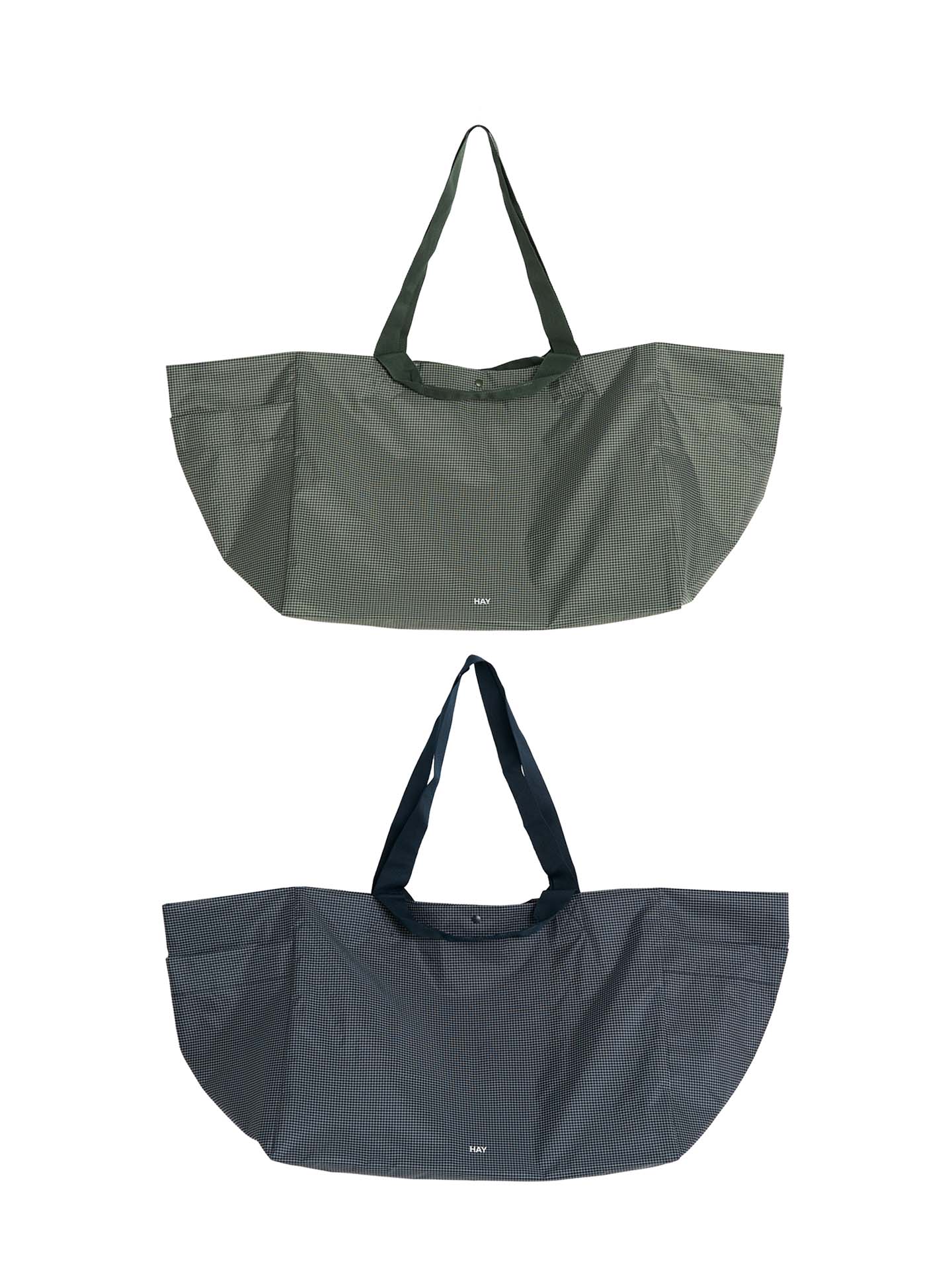 Two reusable tote bags shown against a plain white background, one in olive green and one in dark charcoal gray, both with long shoulder straps and a small white logo near the bottom center.