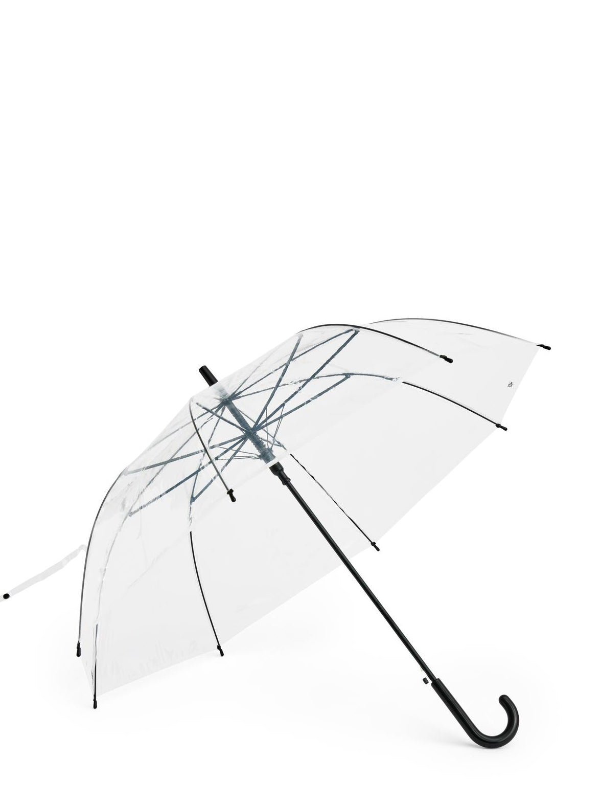 Clear umbrella with black handle and ribs on a white background