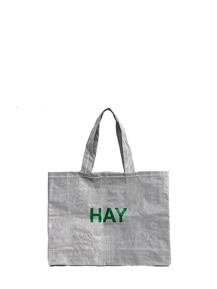 Gray tote bag with 'HAY' text on a white background