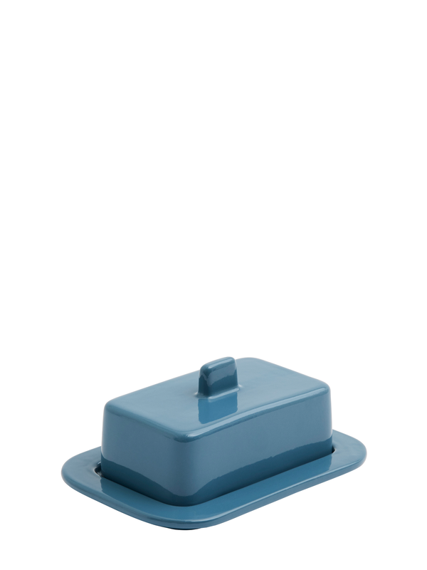 A blue glazed terracotta butter dish with a small plate and matching lid, part of the Barro collection.