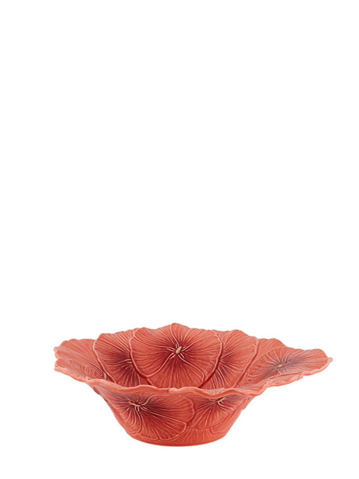Decorative coral-colored bowl with floral patterns on a white background