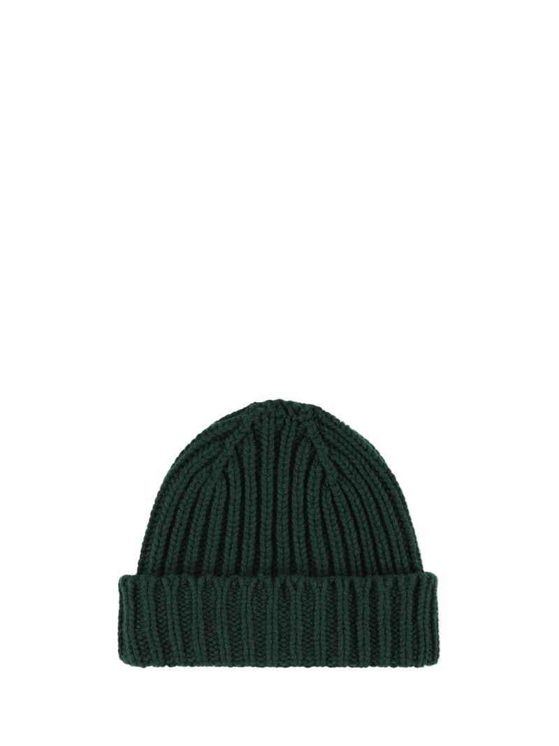Green knit beanie on a white background