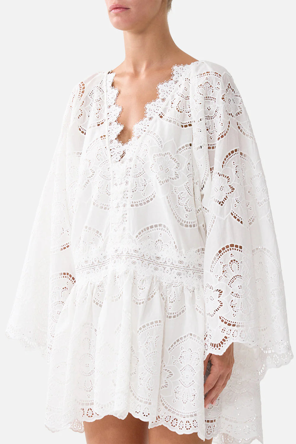 Tiled wonderland relaxed lace dropped waist short dress, white