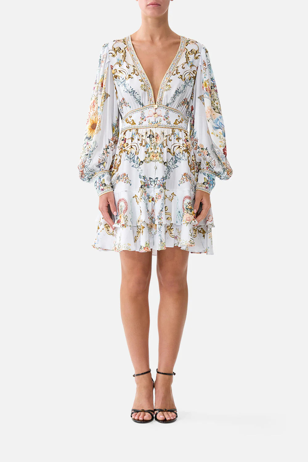 Seville sweetheart button front frill dress, light blue-multicolour