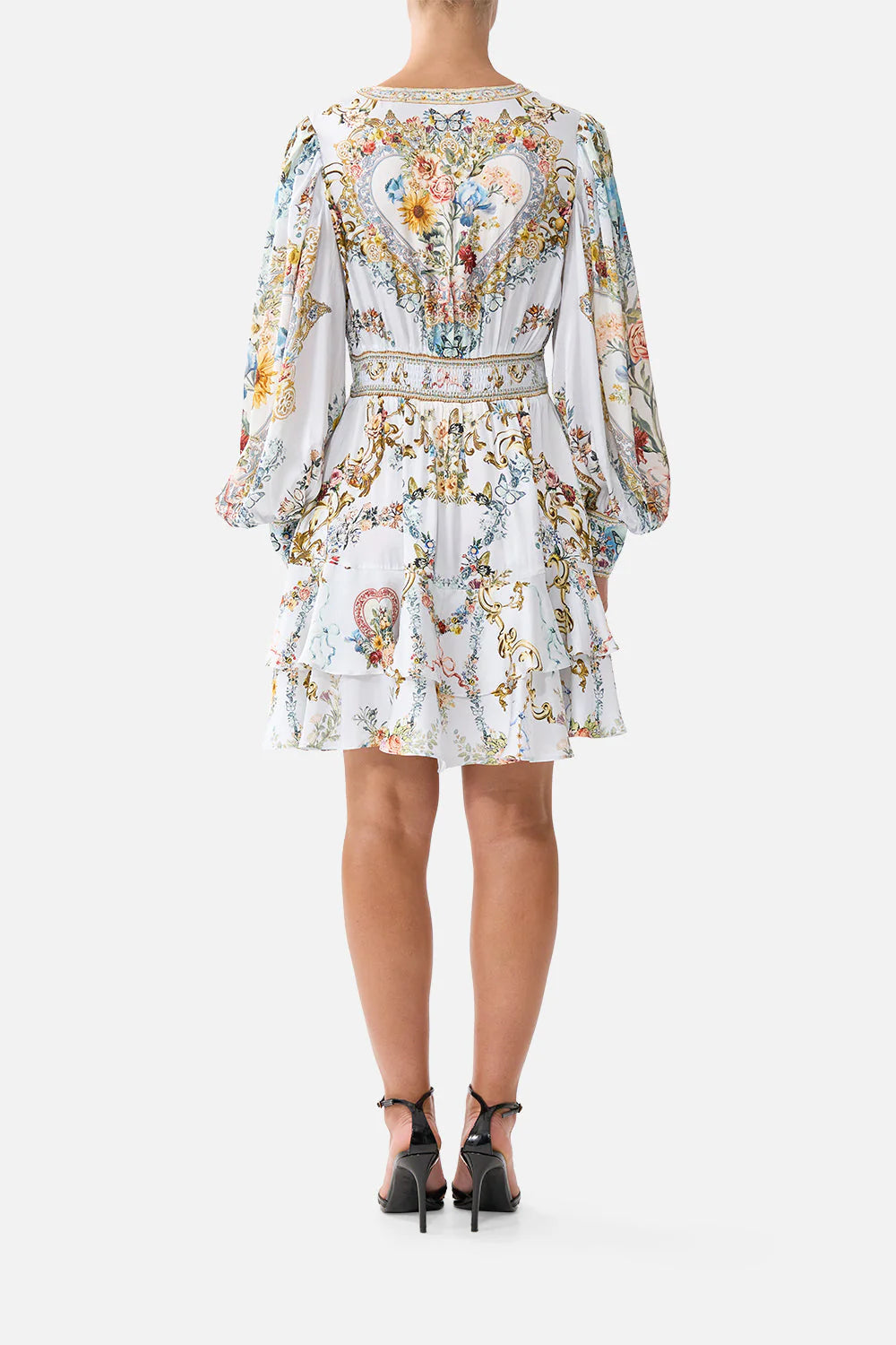 Seville sweetheart button front frill dress, light blue-multicolour