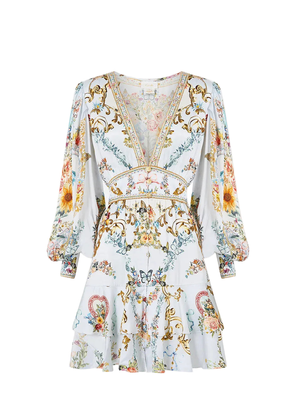 Seville sweetheart button front frill dress, light blue-multicolour