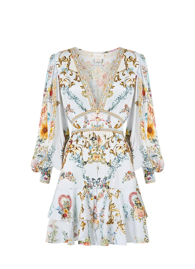 Seville sweetheart button front frill dress, light blue-multicolour