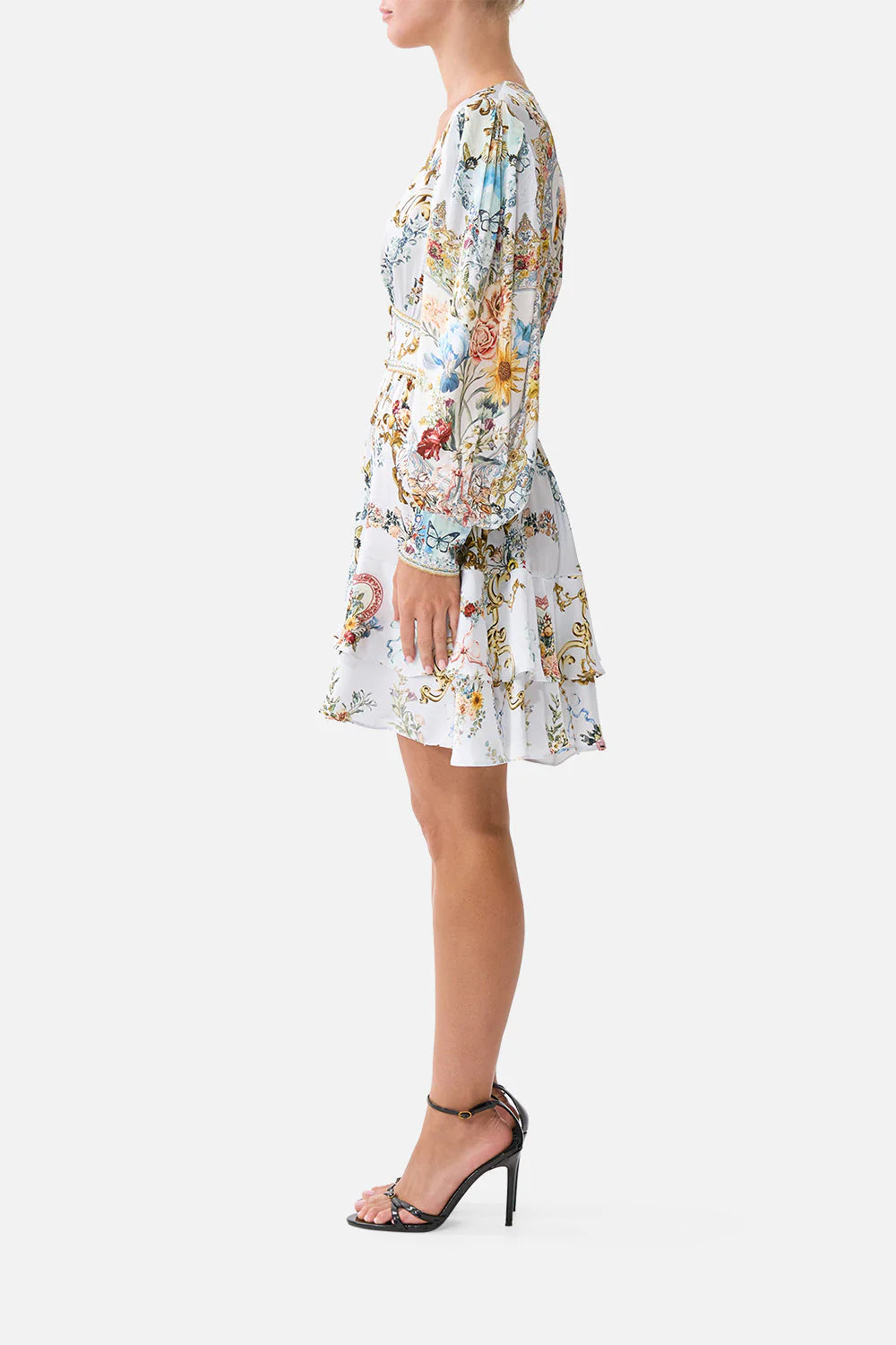 Seville sweetheart button front frill dress, light blue-multicolour