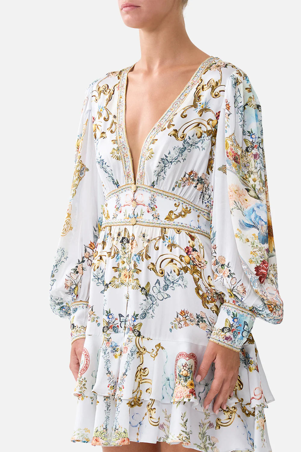 Seville sweetheart button front frill dress, light blue-multicolour