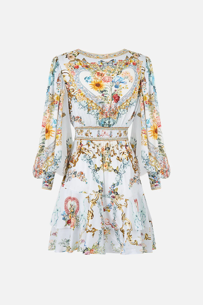 Seville sweetheart button front frill dress, light blue-multicolour