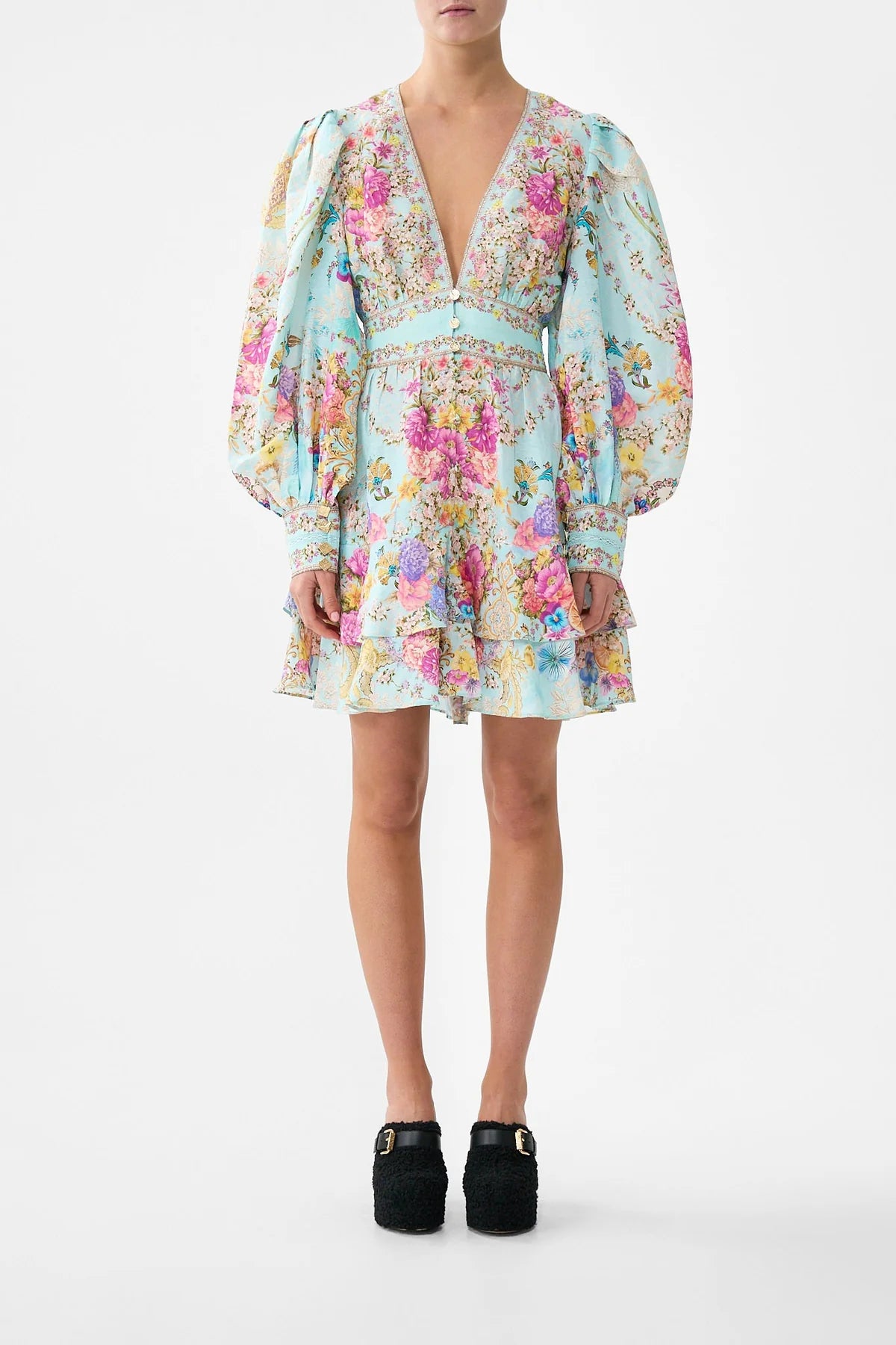 Bazaar blooms button front frill dress, turquoise floral