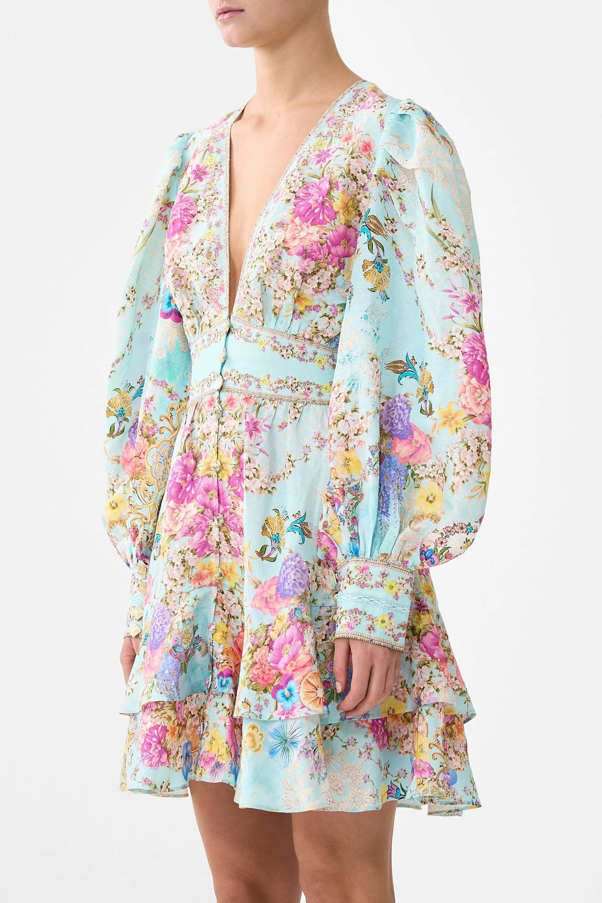 Bazaar blooms button front frill dress, turquoise floral