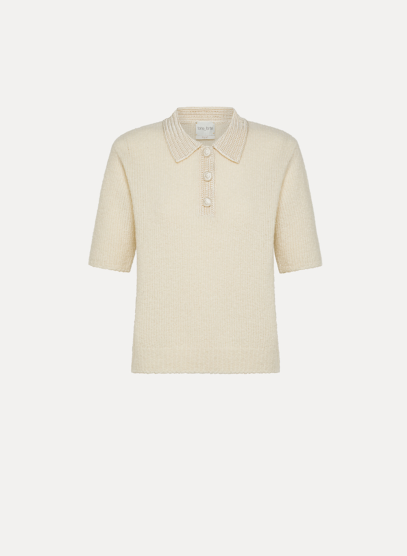 Cashmere boucle polo knit with crochet neck, cream