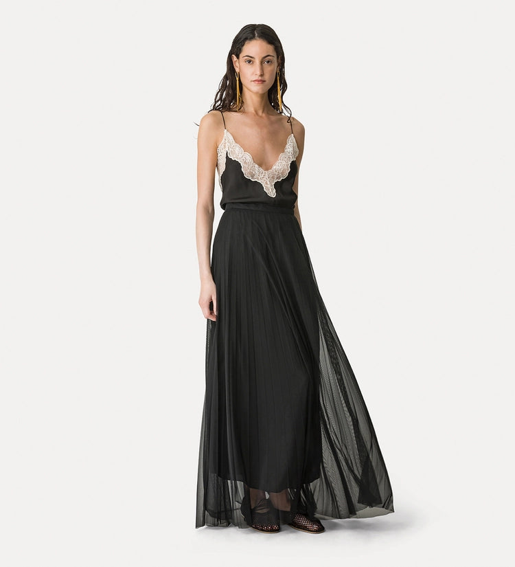 Tulle plissé long skirt with underskirt, black