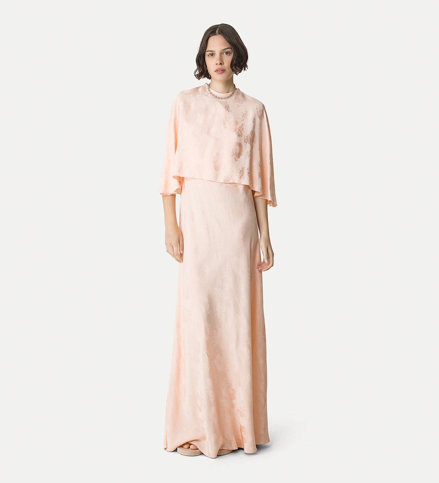 Fluid bouquet jacquard bias dress with cape, peach