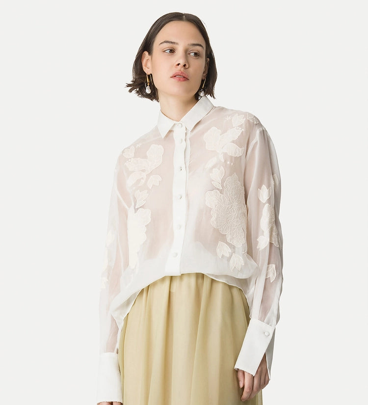 Iris embroidery organza shirt, off white