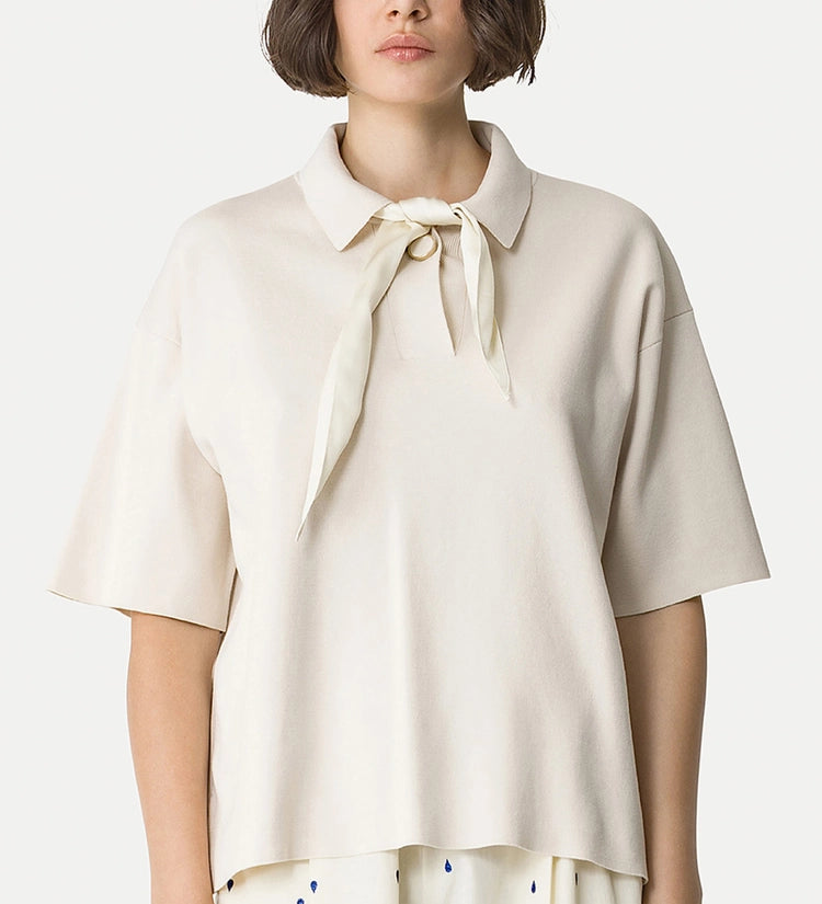 Milan stitch cotton polo knit, cream