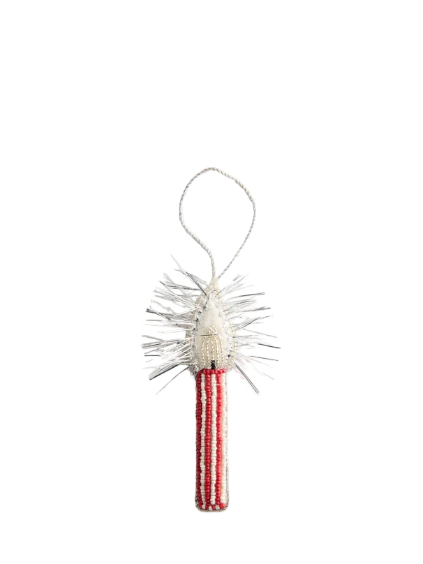 Decorative item with white top and red and white striped bottom on a white background